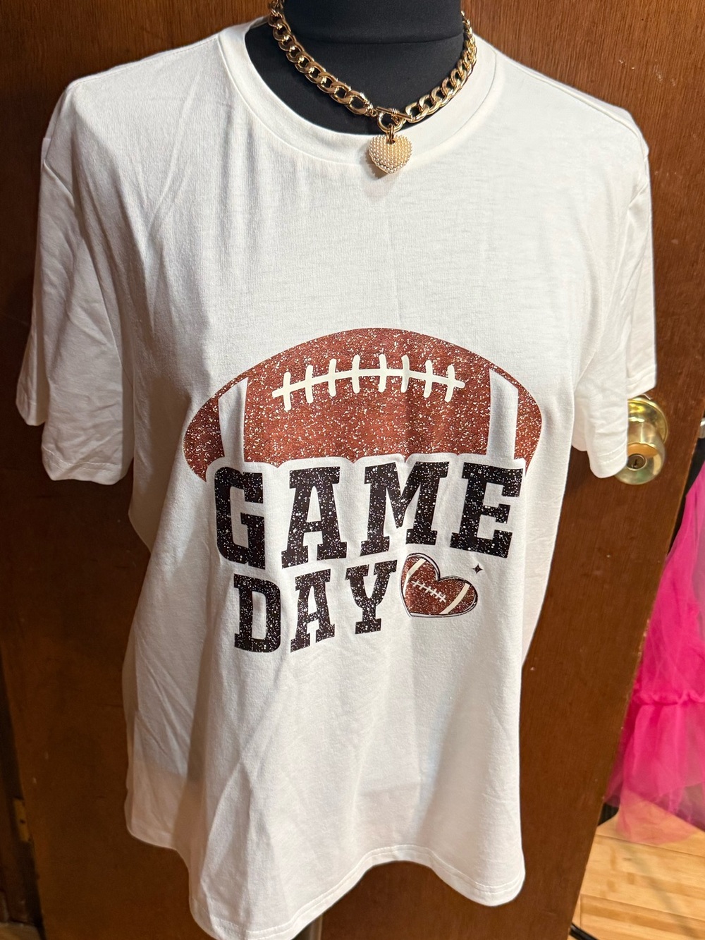 Women's Graphic Tee - White with Brown Football Print